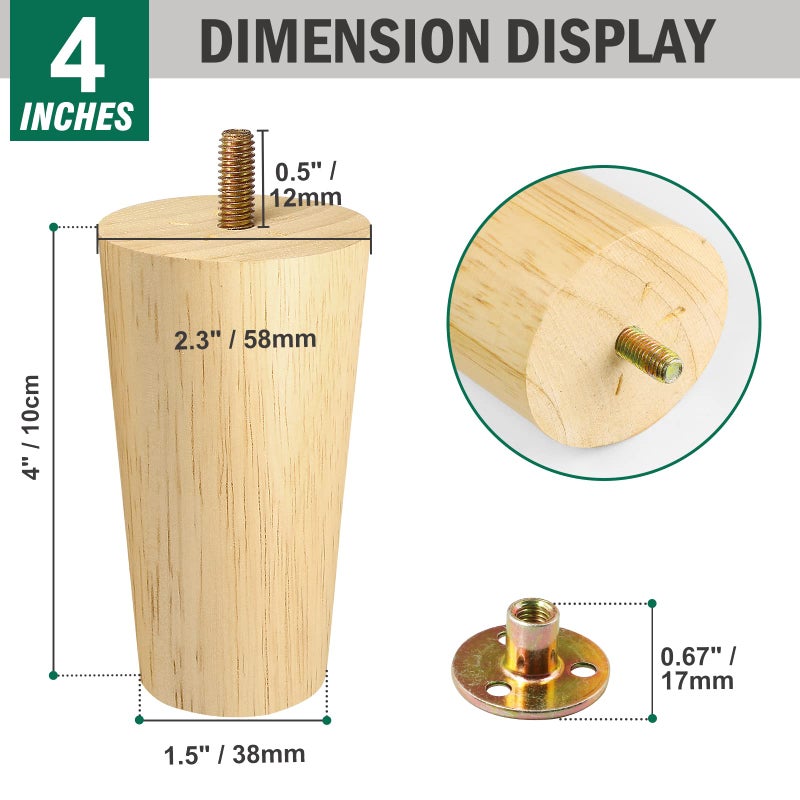 FoDau770 Rubber Wood Furniture Legs 4 Inches, Straight Tapered Wood Legs Mid Century Sofa Legs Set of 8, 5/16"" UNC Furniture Feet Replacement Legs for Cabinet Sofa Couch Dresser Chair Ottoman Table - Image 3